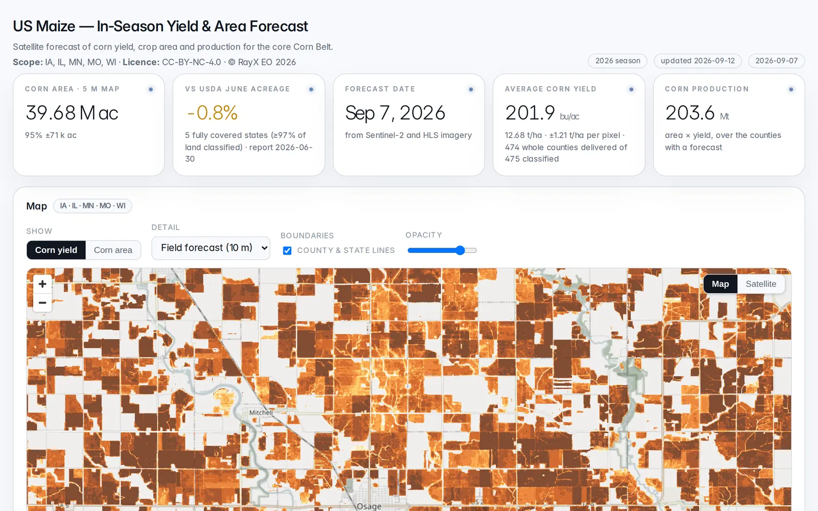 2026 US maize forecast: headline corn area, yield and production, above a 10 m field-level corn yield map of farmland in north Iowa.